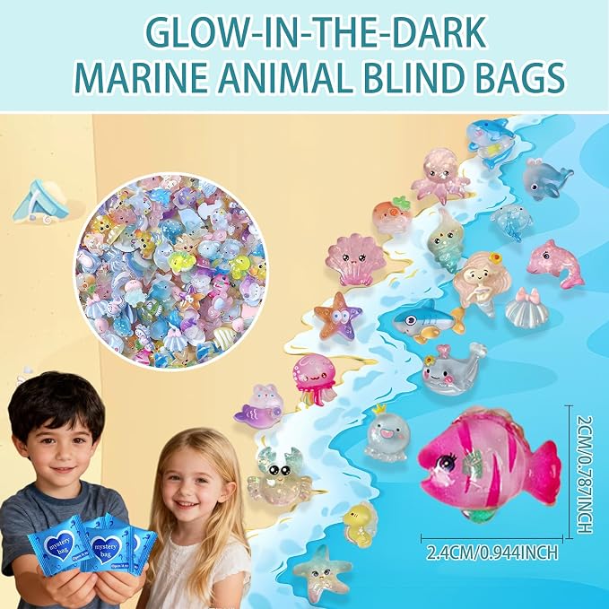 Mini Glow In The Dark Animal Resin Models, Resin Animals Mystery Bags, Individually Wrapped Blind Bags Tiny Animal Figurines, Collectible Mini Animals For Fairy Garden, DIY Crafts (100, Ocean)