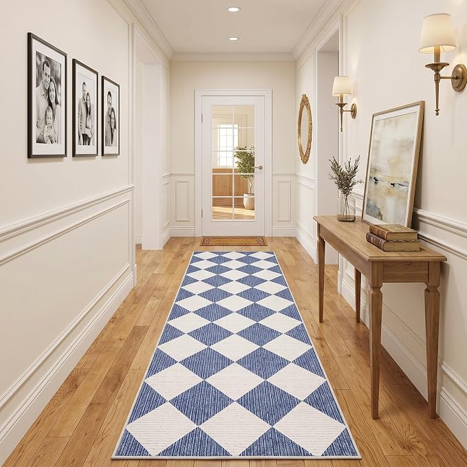 GarveeHome Checkered Hallway Runner Rug 2.5x8 Navy Blue Kitchen Rug | Long Non Slip Soft Diamond Print Entryway Rug Thin Laundry Mat Stain Resistant Carpet for Bedroom Bathroom Beside