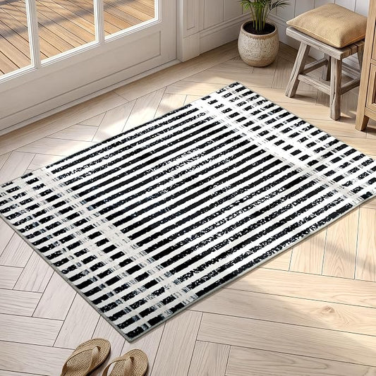 Washable 2x3 Modern Striped Area Rug, Abstract Small Throw Rug for Entryway | Black Beige, Soft Low Pile, Skin Friendly, Non-Slip for High Traffic, Entrance Vintage Braided Paid Style Home Decor