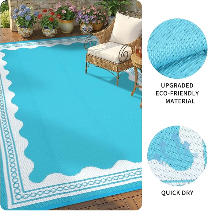 Garvee Outdoor Rug 5x8 Scalloped Waterproof Patio RV Outdoor Rugs Reversible Foldable Plastic Straw Rug Modern Camping Carpet for Deck Camper Porch Balcony Backyard Picnic Beach Light Blue