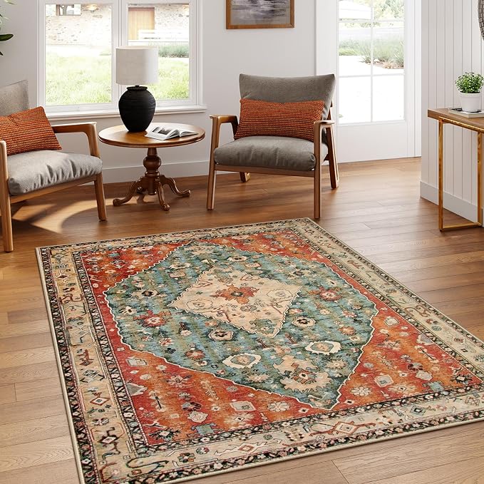 Lahome Felice Boho Tribal 5x7 Washable Living Room Bedroom Rug, Oriental Soft Dining Room Rugs for Under Table, Large Distressed Printed Carpet for Entryway Kitchen Playroom (Rust/Dull Teal,5x7ft)
