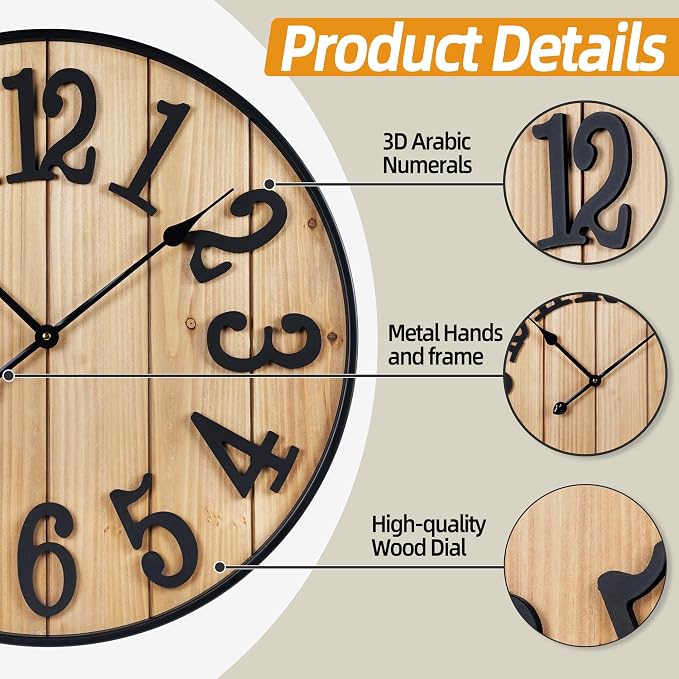 Large Wall Clock 16IN, Silent Metal Wood Style Wall Clocks Battery Operated for Living Room Decor, Farmhouse Big wall Clock, Outdoor