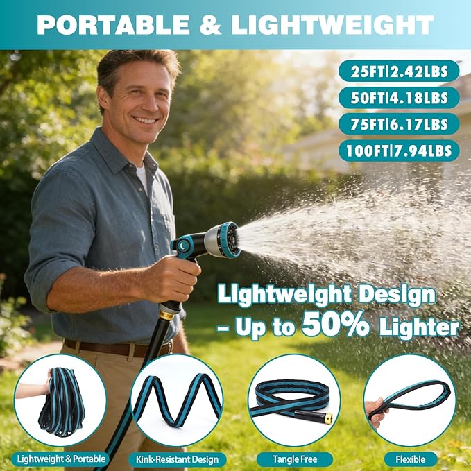 25FT Garden Hose, Kink-Free Non-Expandable Flexible Water Hose with 10-Pattern Spray Nozzle, Lightweight Leakproof Flat Hose with 3/4” Solid Brass Connector for Yard, Lawn & Outdoor Use