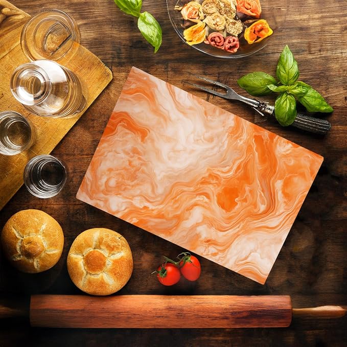 Orange White Marble Kitchen Glass Cutting Board Ocean Decorative Gift Marbled Granite Stone Rock Gift For Her Mom Wife (Orange Marble)