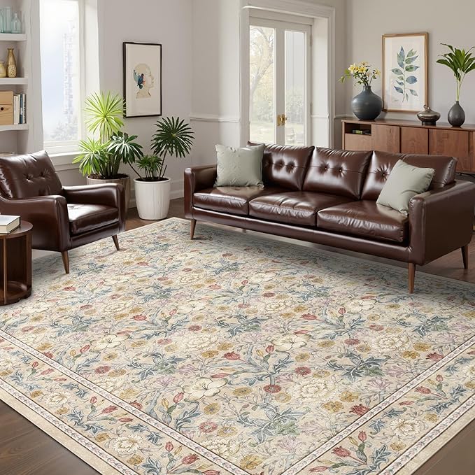 GarveeHome Area Rugs 8x10 for Living Room, Beige Floral Large Washable Rug Soft Non Slip Carpet Indoor Thin Accent Rug for Bedroom Dining Room Playroom Nursery Home Decor