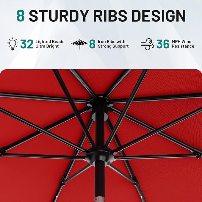 AreShark 9FT Patio Umbrella with Solar Lights, 32 Lighted Pool Umbrella w/Tilt and Crank, Outdoor Market Solar Umbrellas for Garden, Deck, Backyard, Pool and Beach, Red
