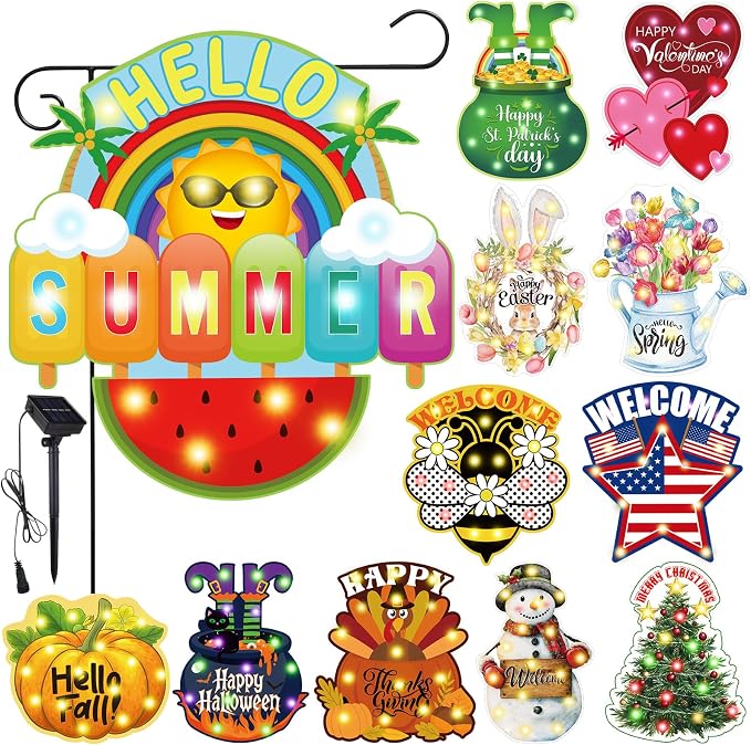 Reallnaive 12 Pcs Solar Seasonal LED Garden Flags 12 x 18 Inch Yard Flags 4th of July Summer Fall Halloween Thanksgiving Day Decorations Welcome Garden Flag Lawn Yard Outdoor Holiday Decoration