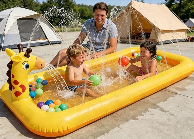 4-in-1 Inflatable Giraffe Kids Pool, 5.5FT Heavy-Duty Toddler Wading Pool, Sprinkler Splash Pad, Ball Pit, Outdoor Party Serving Bar Ice Cooler for Ages 1-3, Small Dogs
