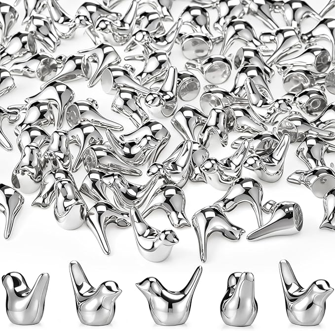 Sieral 100 Pcs Silver Mini Bird Figurines Miniature Resin Bird Statues Small Animal Statues Fairy Garden Accessories for Micro Garden Landscape Dollhouse Cake Potted Plants DIY Craft, 0.59" x 0.67"