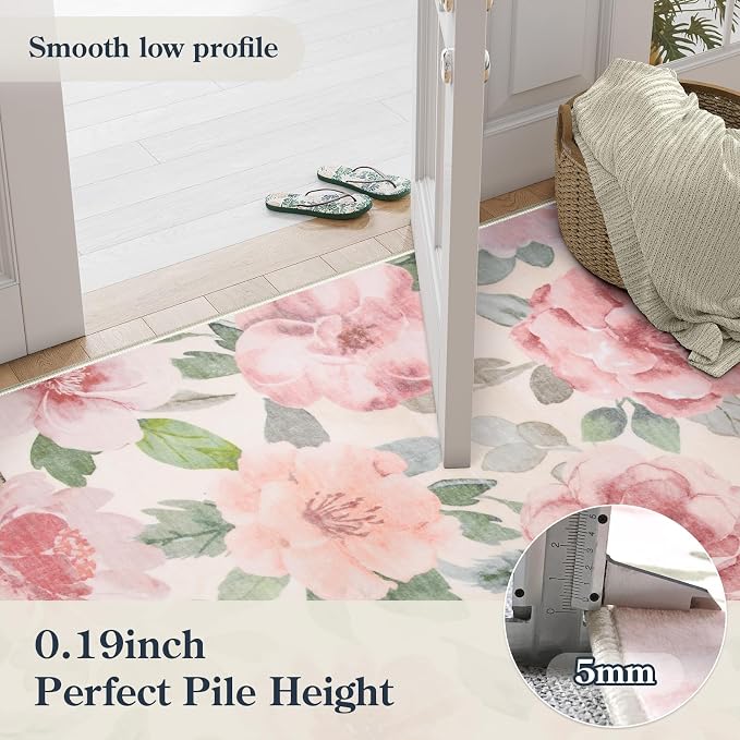 Lahome Beige Multi Floral Washable Rug 3x5 for Entryway and Bathroom | Soft Bedroom Rug, Ultra-Thin Home Decor Small Carpet for Kitchen, Kids Room, Office, College Dorm