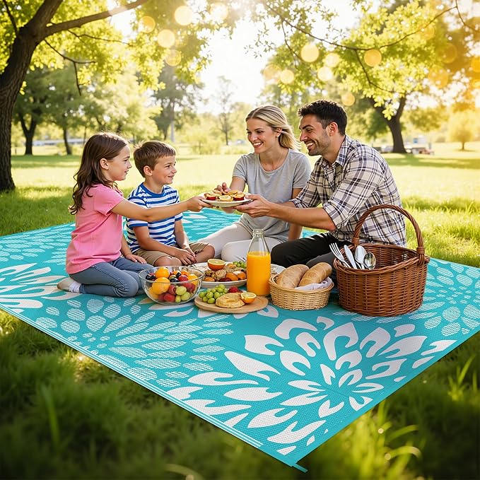 HEBE Waterproof Outdoor Rug 6x9 for Patios, Floral Reversible Plastic Straw Rug Patio Mat, Indoor Outdoor Carpet RV Mat Camping Rug for Deck, Camper, Porch, Balcony, Backyard, Picnic