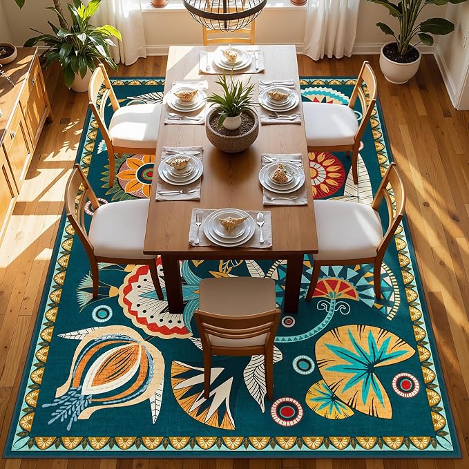 Joydeco Egypt Floral Boho 6x9 Rug for Living Room, Dark Green Washable Bedroom Dining Room Rugs for Under Table, Non Slip Vintage Indoor Throw Carpet for Playroom Nursery Dorm Classroom, Dark Green