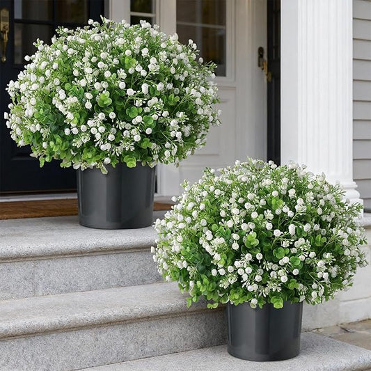 Artificial Eucalyptus with Baby's Breath Topiary Ball Trees - 2 Set Plastic Faux Eucalyptus Plants in Pot, Sun Resistant Fake Greenery Potted Bushes for Front Door Farmhouse Garden Porch Decor