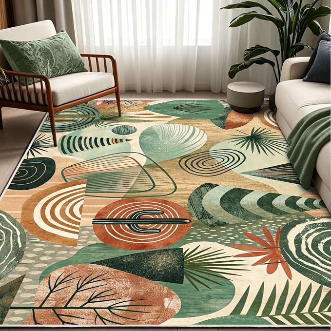 Green Area Rug 5x7, Green Boho Abstract Rug for Living Room, Irregular Geometric Design, Machine Washable Sage Green Rug, Stain Resistant,Low Pile, Non-Slip Backing,Bedroom Dining Room