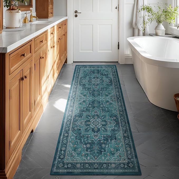 Teal 2x6 Runners for Kichen Floor Washable Non Skid, Boho Hallway Runner Rug for Entryway Front Door Foyer Mudroom, Vintage Medallion Carpet Runners 6ft for Bedroom Bathroom Laundry Room