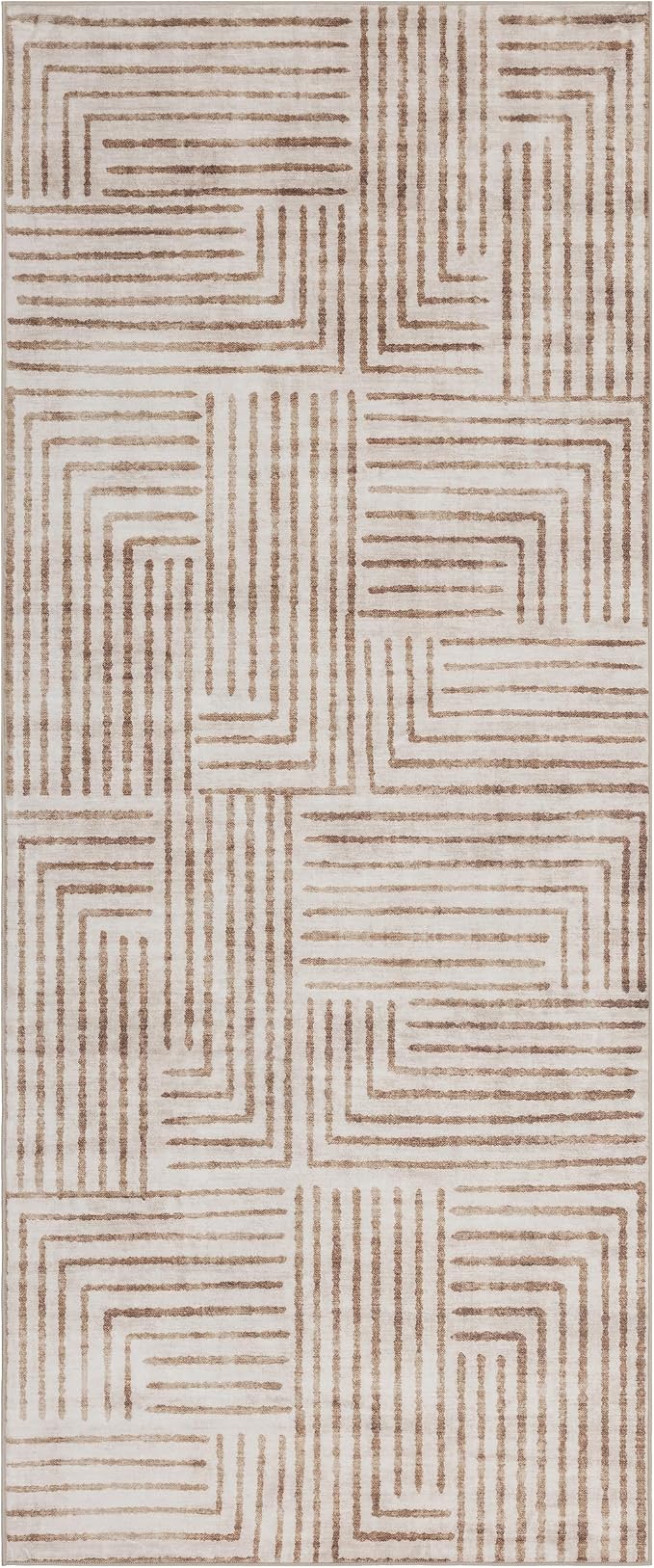 Machine Washable Area Rug Runner - Living Room Bedroom Bathroom Kitchen Entryway Office - Non-Slip Baking Low Pile Stain Resistant Premium - Modern Geometric - Finn - Beige 2'6" x 8'