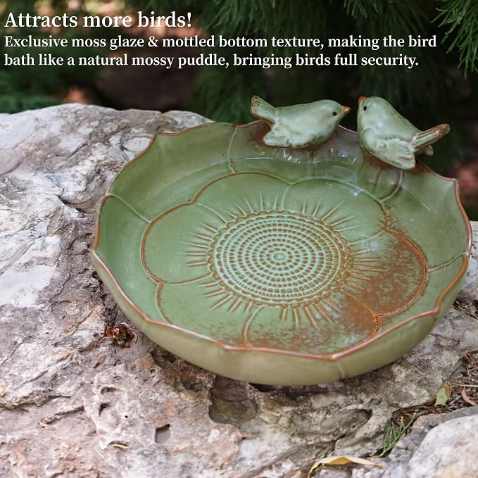 Moss Green 9.45 Inch Ceramic Heavy Duty Wild Bird Bath Bowl or Feeder for Outdoor Garden, Bowl Only