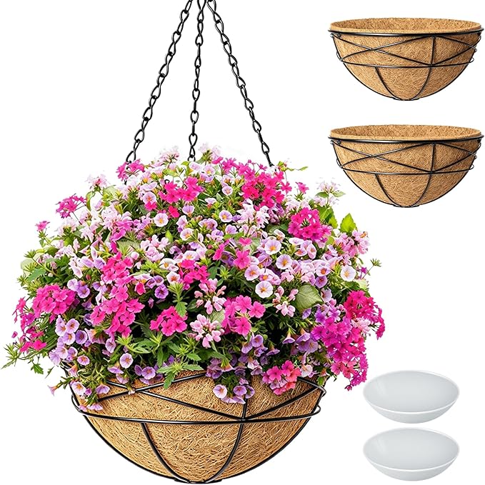 2 Pack 10 Inch Hanging Planters for Outdoor Plants Metal Wire Flower Baskets with Natural Coconut Liners for Garden Planting Decor