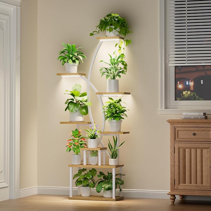 Plant Stand Indoor with Grow Lights, 8 Tiered Tall Plant Shelf for Indoor Plants Multiple, 65" Large Corner Shelves Metal Curved Flower Holder Display Rack for Living Room Patio Balcony, White