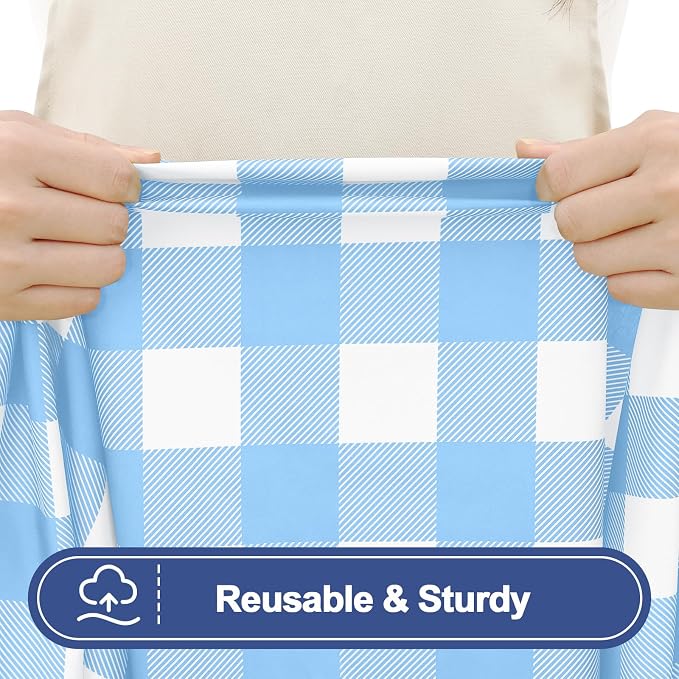 Smiry Picnic Table Cover with Bench Covers, Waterproof Elastic Fitted Tablecloths for 8 Foot Rectangle Tables, Washable Buffalo Plaid Tablecloth for Camping, Outdoor (Light Blue & White, 30"x96")