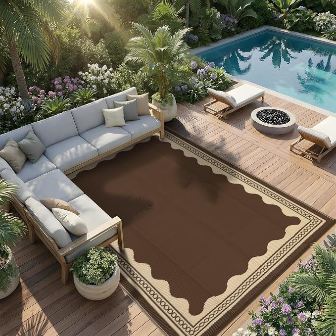 Garvee Large Outdoor Rug 10x14 Scalloped Waterproof Patio RV Outdoor Rugs Reversible Foldable Plastic Straw Rug Modern Camping Carpet for Deck Camper Porch Balcony Backyard Picnic Beach Brown