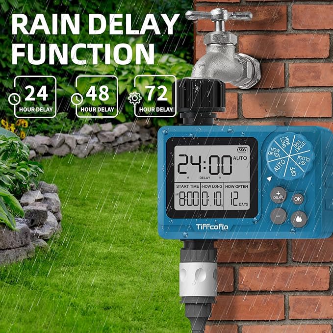 TiFFCOFiO Sprinkler Timer Outdoor, Digital Programmable for Garden Hose, Irrigrtion Timer with Rain Delay and Manual Mode (1 Pack)
