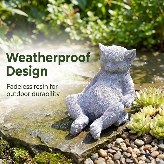 Cat Garden Statue Outdoor Decor, Pet Memorial Stone，Sleeping Cat Statue， Resin Cat Figurine Garden Sculpture Patio Decor,Headstones for Cats or Thoughtful Sympathy Gift,9.8" L x 5.9" W x 6.7" H
