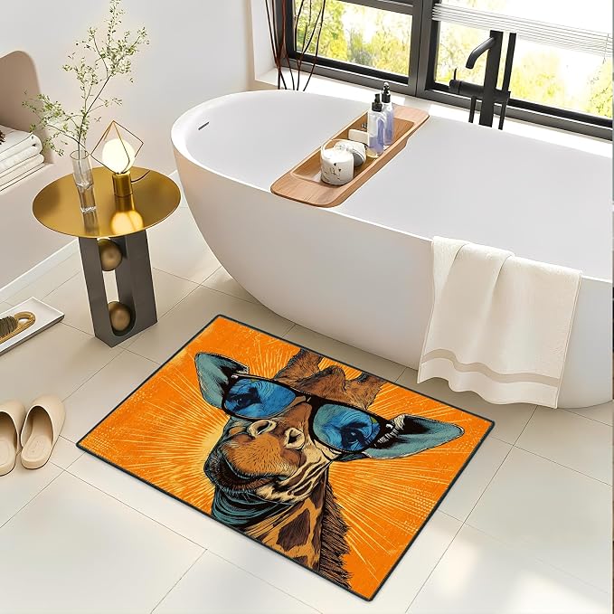 Cool Giraffe with Sunglasses 2x3 Entry Rug,Washable Small Rugs for Entryway Kitchen Bathroom Door Mat Indoor Entrance,Non Slip Rubber Backing, Stain & Fade Resistant,Fun Pop Art Decor