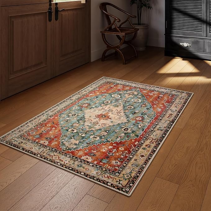 Lahome Felice Boho Tribal 3x5 Washable Entry Throw Rugs for Bedroom, Bohemian Entryway Kitchen Rugs Non Slip Washable, Indoor Low-Pile Carpet for Bathroom Living Room (Rust/Dull Teal,3x5ft)