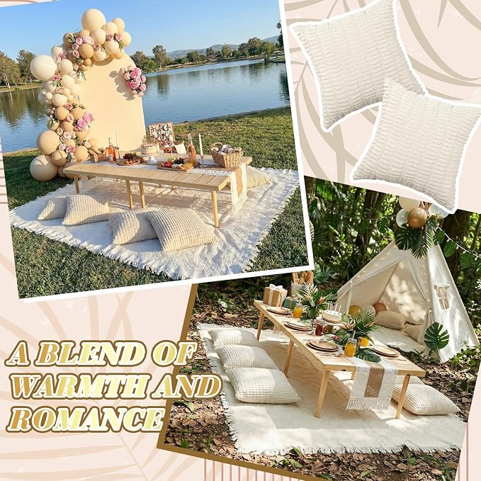 Beeveer 8 Pcs Cream White Picnic Kit, 91x71'' Extra Large Outdoor Boho Picnic Blanket, Low Table Runner, 6 Throw Pillow Cover, Woven Cotton Yarn Oversize Washable Beach Blanket for Camp Wedding Garden