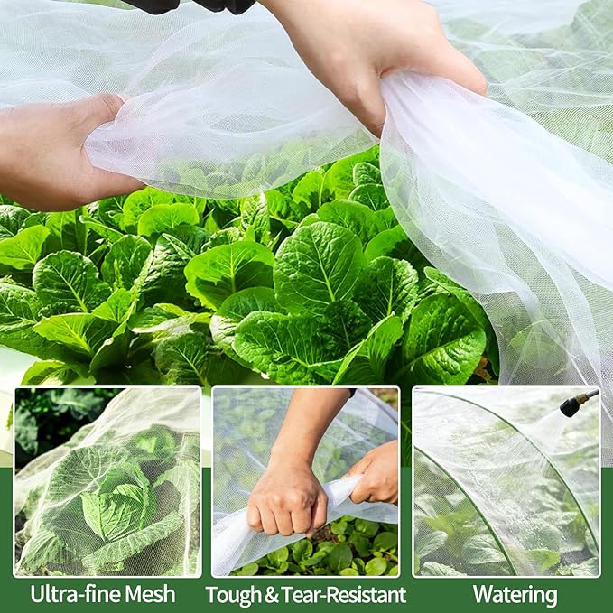 Garden Netting Kit for Raised Bed, 8X20FT Ultra Fine Mesh Netting with 6 Sets Garden Hoops & 18pcs Clips, Reusable Bird Netting for Garden Protection