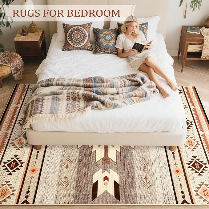 BENRON Western Area Rugs for Living Room Bedroom 5x7, Washable, Warm Beige | Non Slip Southwest aztec Rustic Rugs for Dining Table Kitchen Home Decor