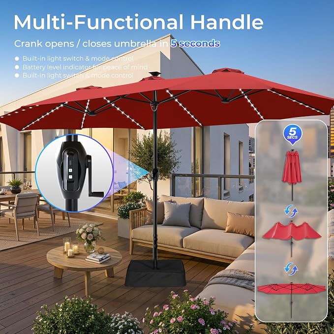 SUPERJARE 15ft Large Patio Umbrella with Base included, Double Sided Outdoor Umbrella with Solar Lights, Pool Umbrella with Fade Resistant Canopy for Deck, Porch, Yard, Balcony, Burgundy