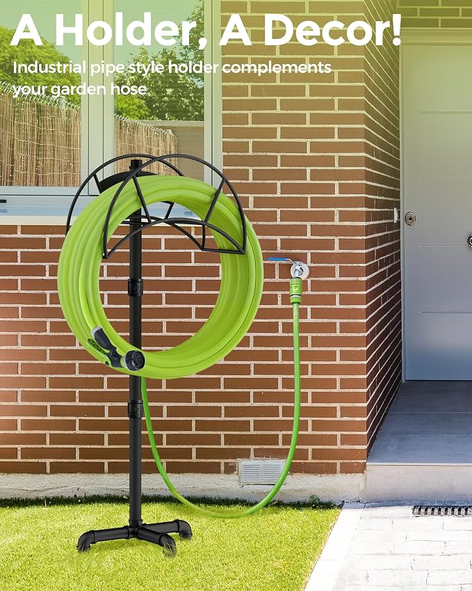 LAND·VOI Freestanding Garden Water Hose Storage Holder Stand for Outside, 160-Ft Hose Heavy Duty Metal Hanger Reel Organizer Outdoor Yard Lawn, Standing Keeper Rack with Ground Stake, Black GHH01B