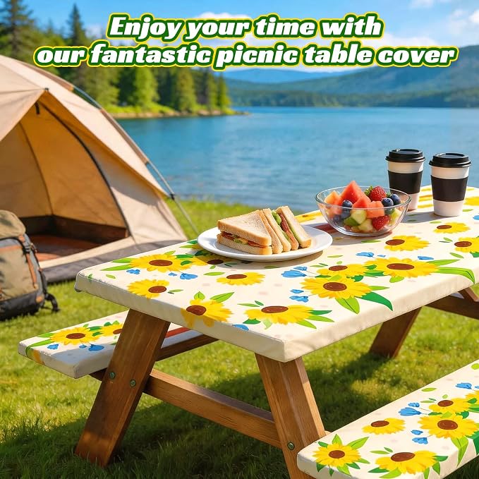 NUOLAN 6FT Picnic Table Cover with Bench Covers, Sunflower Print Windproof Waterproof Fitted Picnic Table with Elastic for Picnic, Camping, Outdoor
