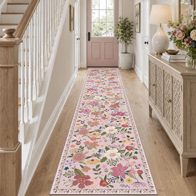 Latte&Fog Hallway Runner Rug 2x10 Non Slip Washable Pink Rugs for Kitchen | Low Pile Soft Cute Throw Rug Doormat for Entrance Bathroom Laundry Bedside Bedroom Nursery Playroom Hallyway Dorm Office
