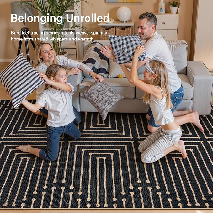Lahome 3x5 Easy Jute Rugs for Entryway, Black and White Outdoor Rug | Modern Maze Lines Indoor Outdoor Patio Rug, Non Slip Stain Resistant Front Door Carpet for Porch Balcony