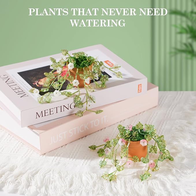 XHYMIA Beaded Plant Kit Green Glass Leaf Beads, Flower Glass Beads Mini Forever Plant Making and DIY Crafts with Video Tutorials