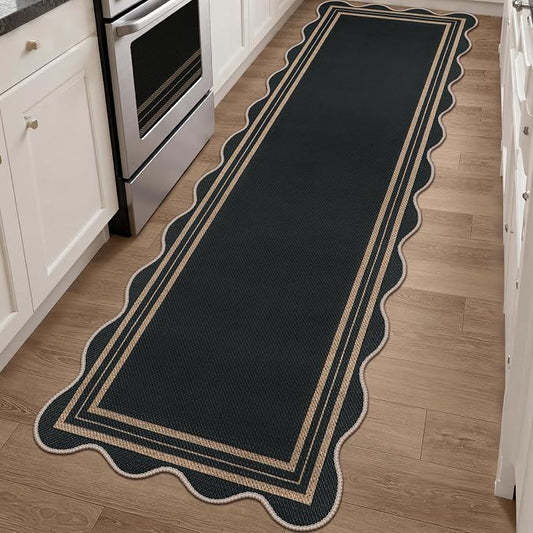 Scalloped 2.6x8 Kitchen Runner Rug, Washable Rugs for Entryway Non Slip Outdoor Indoor Black Long Rug, Farmhouse Morden Carpet for Hallway Bedroom