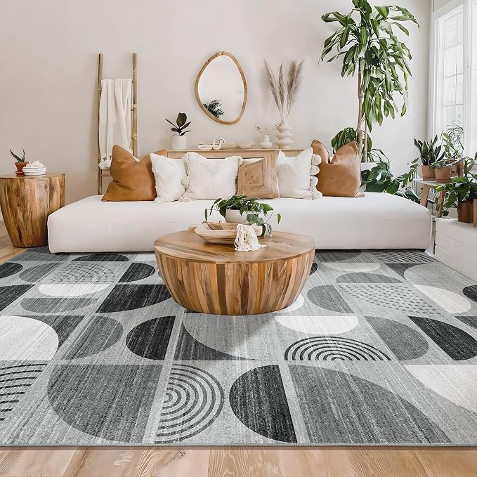 Washable Rugs 9x12,Large Area Rugs Non Slip Modern Abstract Boho | Large Throw Carpet for Living Room Bedroom Dining Room Soft Low Pile Floor Indoor Bohemian Black and Grey