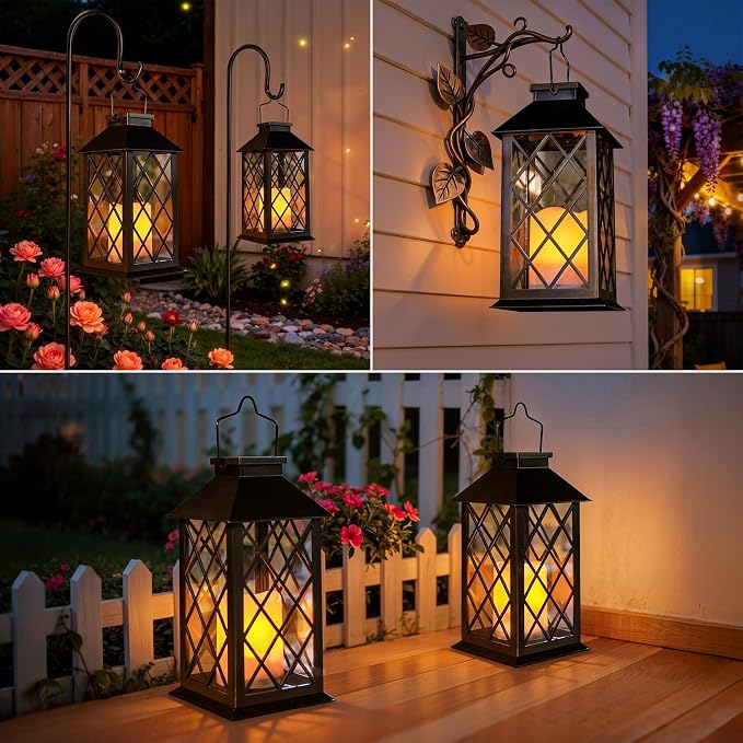TAKE ME 14" Solar Lanterns Outdoor Waterproof Garden Lanterns Large Flickering Flameless Candle Mission Lights for Table,Outdoor Christams Gifts ( 2 Packs Bronze Color) (Pack 2 Black)