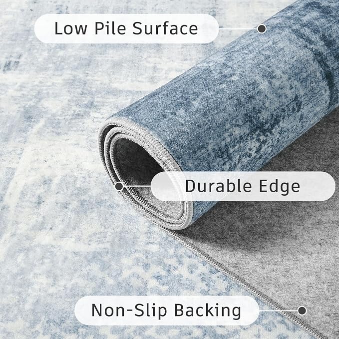 DCX Washable Abstract Area Rug 6x9, Non Slip Low Pile Rug, Blue | Easy to clean, non-shedding, soft, kid & pet friendly, with a non-slip rubber backing for living rooms, bedrooms, and offices