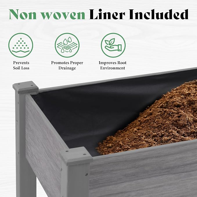 AMERLIFE Raised Garden Bed, 72x24x30 Inches Elevated Wood Planter Box with Bed Liner, Legs, Divider, Drainage Holes, Stand for Backyard, Patio, 350 Lb Capacity - Grey