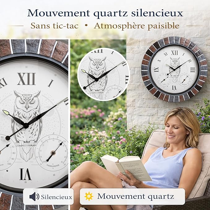 18 Inch Outdoor Clocks Waterproof with Thermometer Hygrometer, Illuminated Smart Night Light Large Patio Outdoor Wall Clock, Silent Battery Operated Outdoor Clock for Garden Pool Porch