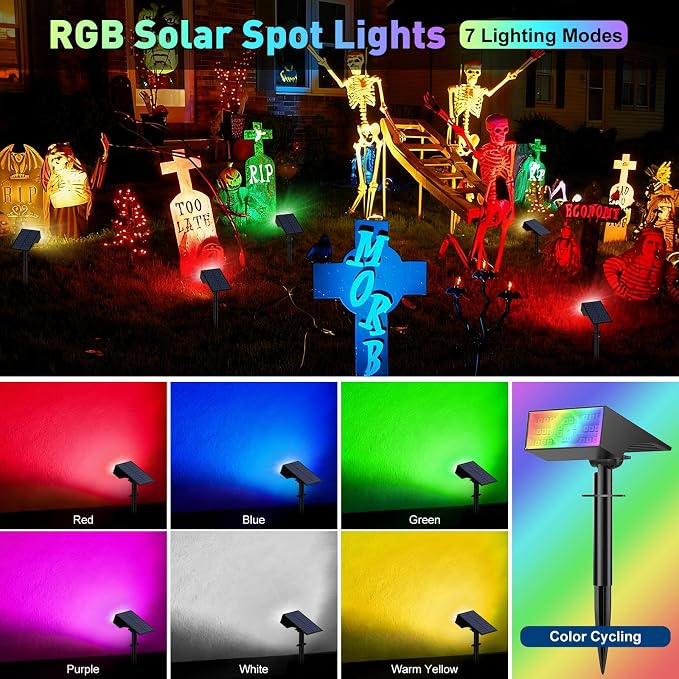 Solar Color Changing RGB Spot Lights Outdoor, 10 Pack/7 Lighting Modes Multicolor Outdoor Lights for Yard Waterproof IP68, Halloween Christmas Solar Landscape Powered Lights Garden Pathway