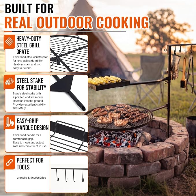 22" and 16"x10.5" Fire Pit Campfire Grill Grate Foldable Round and Rectangular Grill Grate Open Fire Cooking Portable Camping Barbecue Rack Heavy-duty Easy Setup & Adjustable Height for BBQ