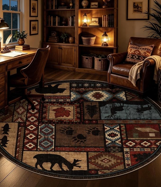 YIHOUSE Rustic Round Rug 4ft, Washable Circle Rug with Non-Slip Backing, Low Pile Soft Western Cabin Rugs for Living Room, Bedroom