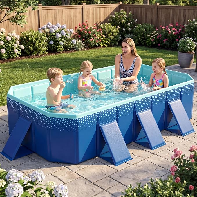 Goplus Foldable Non-Inflatable Swimming Pool, Portable Rectangle Around Ground Pool with 24 Hard Shell, Drain Hose, Outdoor Collapsible Kiddie Pool for Backyard Garden (Navy+Green,99x52 in)