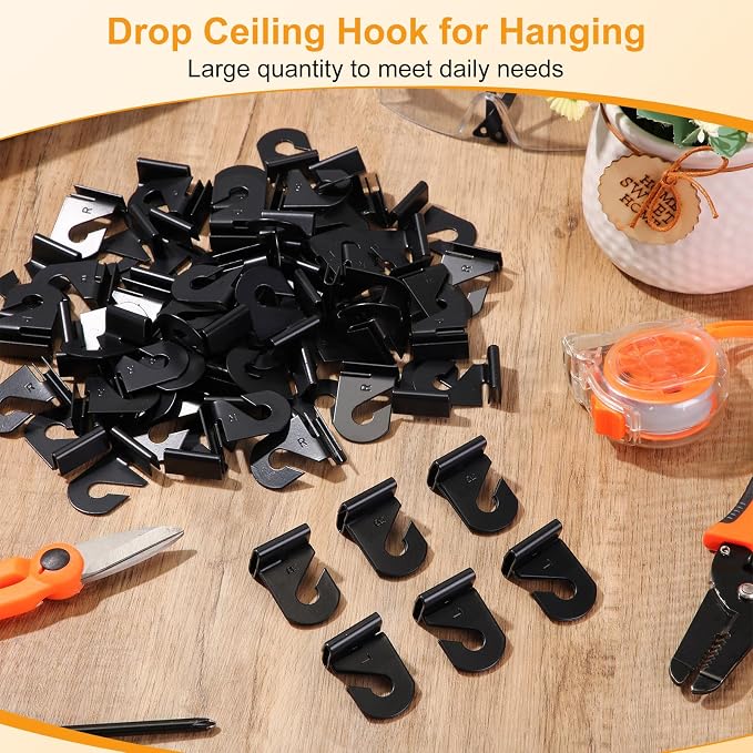 Vicenpal 100 Pair Drop Ceiling Hooks Bulk for Classrooms Hanging, Metal Suspended Track Tile Hooks Aluminum Heavy Duty T Bar Clips, Hold up to 20 Lbs for School Offices Plants Decorations (Black)