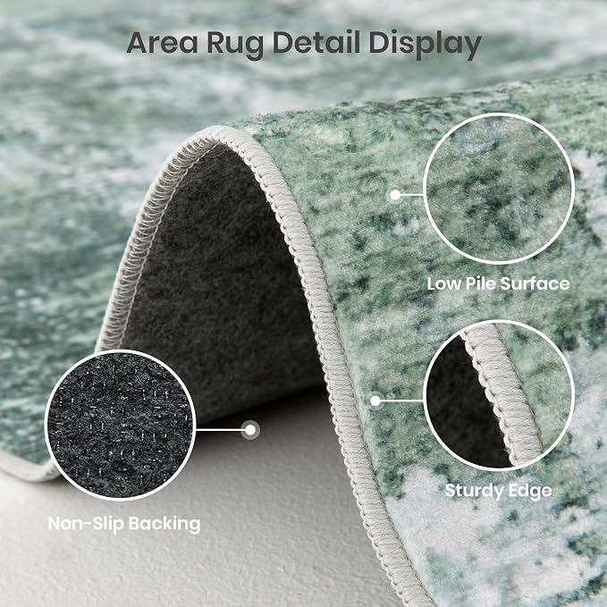 Valenrug 5x8 Area Rug, Abstract Washable Rugs for Living Room, Sage Green | Soft Thin & Lighweight, Folable, Stain Resistant Low Pile Non Slip Modern Distressed Carpet Rugs for Bedroom, Dining Room